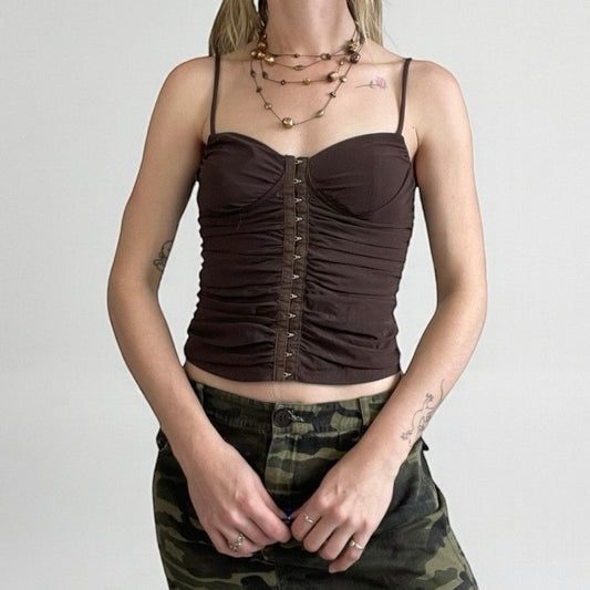 Moa Moa Sheer Brown Ruched Clasp Button Down Padded Tank Top