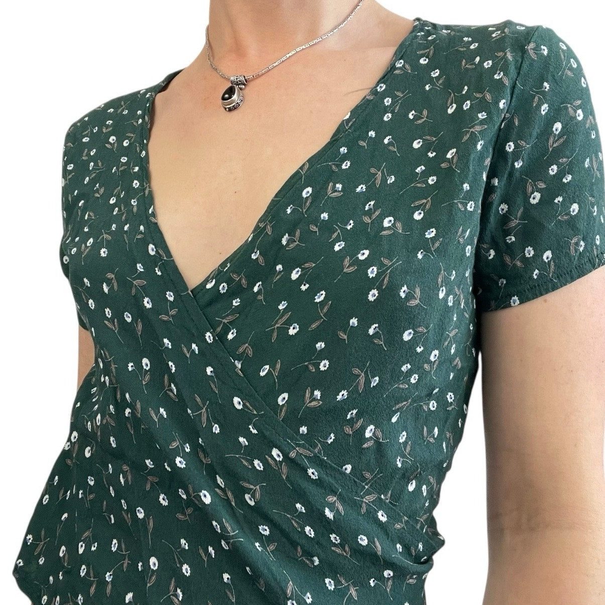 Brandy Melville Green Floral V-Neck Wrap Top