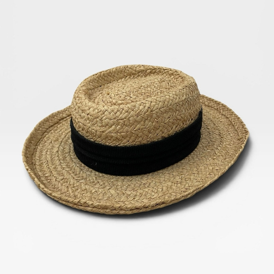 Natural Woven Straw Black Band Boater Wide Brim Sun Hat