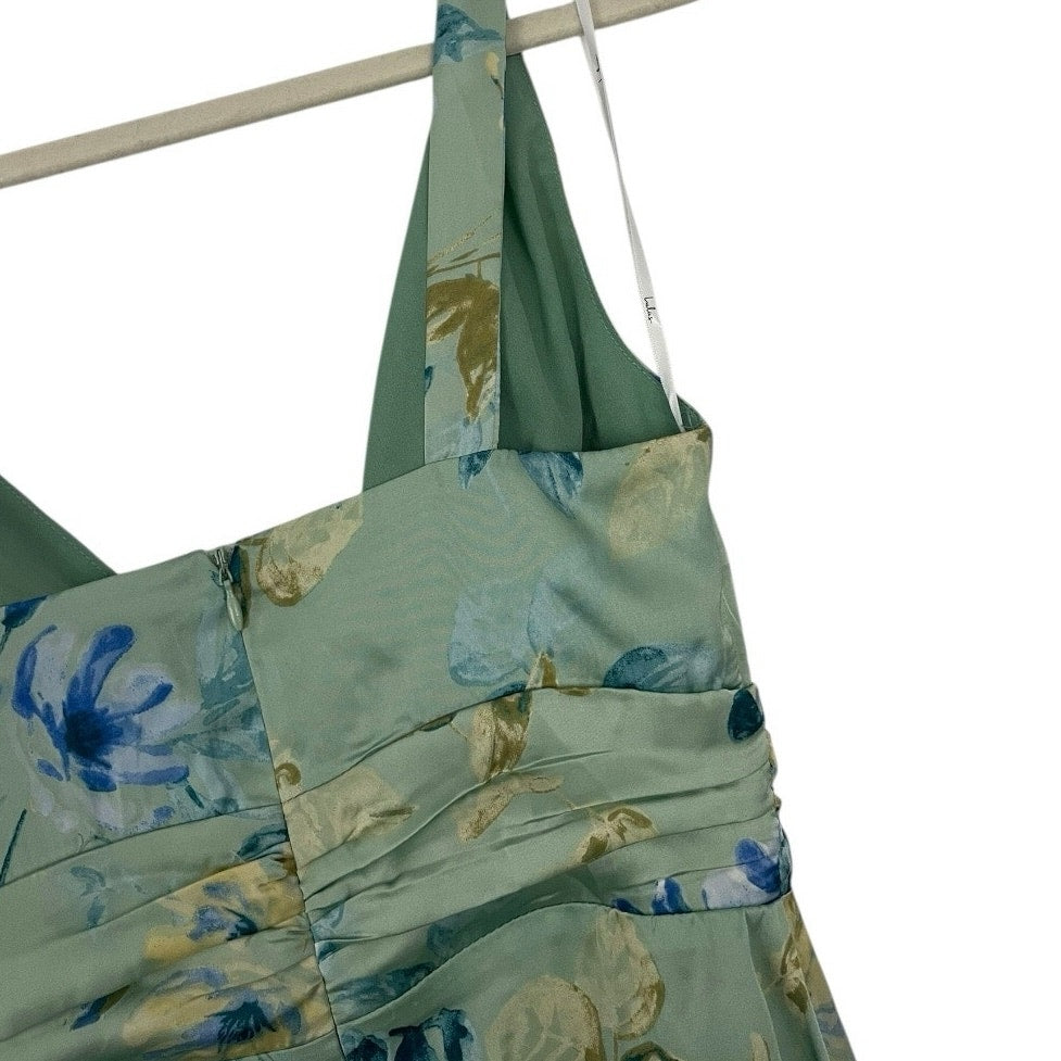 Lulus Silky Sage Green & Blue Floral Side Slit Plunge V-Neck Maxi Dress