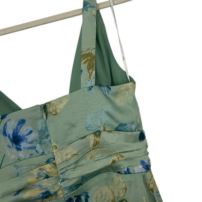 Lulus Silky Sage Green & Blue Floral Side Slit Plunge V-Neck Maxi Dress