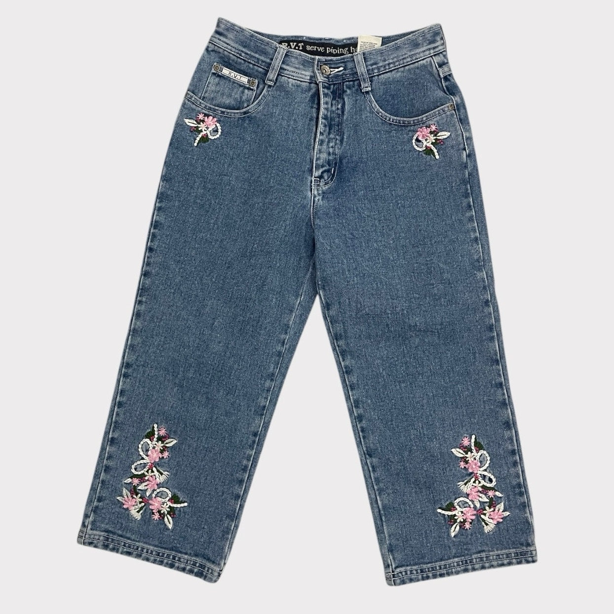 R.V.T Vintage Floral Embroidered Ankle Cropped Jeans