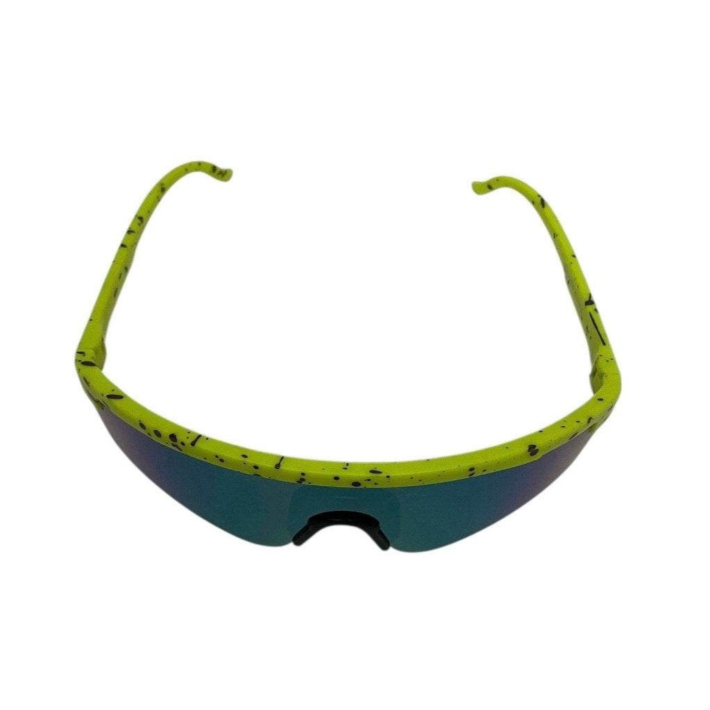 Neon Yellow & Black Splatter Frame Blue Lens Shield Sunglasses