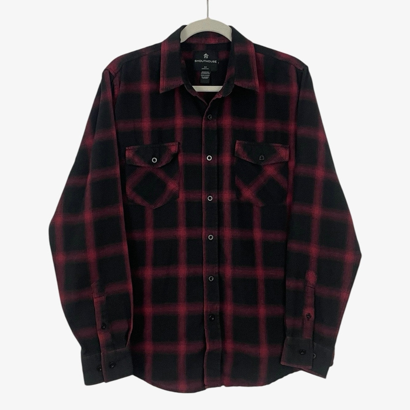 Shouthouse Mens Red & Black Plaid Long Sleeve Button Down Flannel Shirt