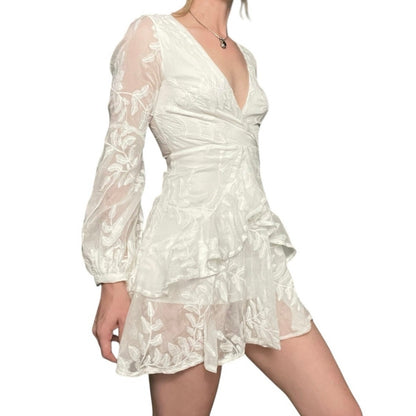 NWT Selfie Leslie White Leaf Lace Layered Sheer Long Puff Sleeve Mini Dress