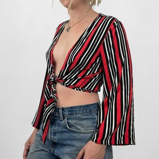 ONLY Red & Black Striped Tie Front Bell Sleeve Top