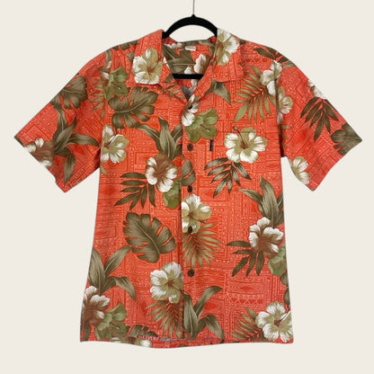 Palmwave Mens Orange Hawaiian Tropical Floral Button Down Shirt
