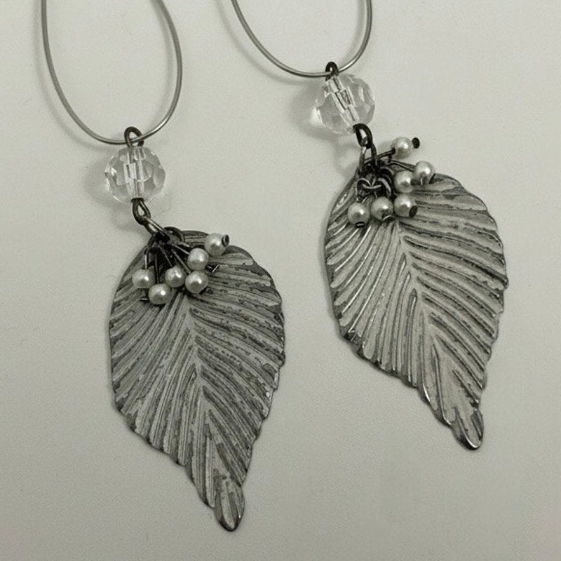 Silver Leaf Pendant Beaded Dangle Statement Earrings