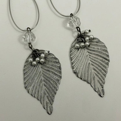 Silver Leaf Pendant Beaded Dangle Statement Earrings
