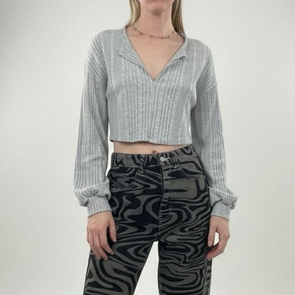 Grey Ribbed Cropped V-Neck Long Sleeve Top