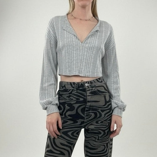 Grey Ribbed Cropped V-Neck Long Sleeve Top