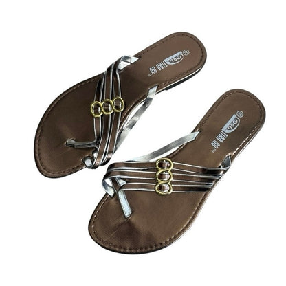 Long Tian Nu Bronze Gold & Silver Strappy Flip Flop Sandals