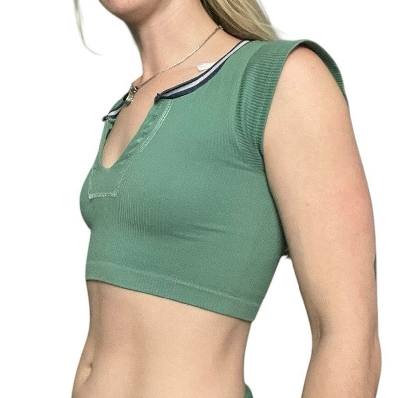 Out From Under Green Ribbed Cropped Short Sleeve V-Neck Top