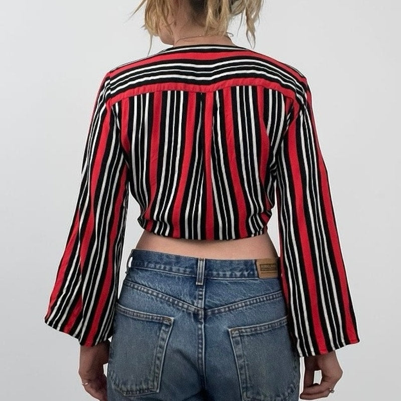 ONLY Red & Black Striped Tie Front Bell Sleeve Top