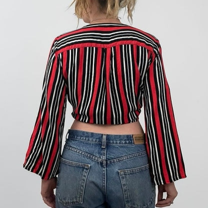 ONLY Red & Black Striped Tie Front Bell Sleeve Top