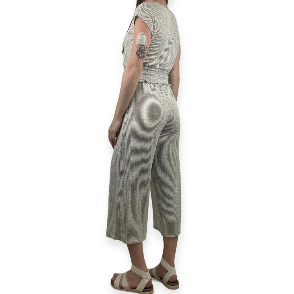 Soft Grey and White Pin Striped V-Neck Jumpsuit