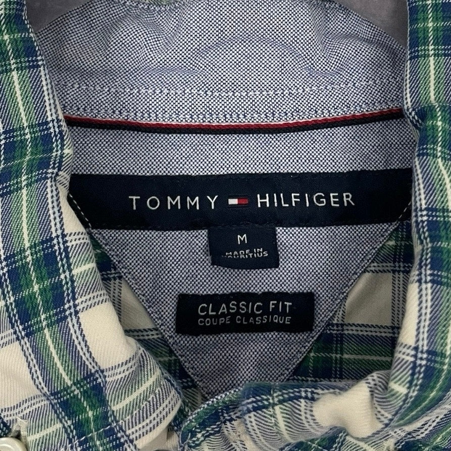 Tommy Hilfiger Mens Green & Blue Plaid Classic Fit Long Sleeve Button Down Shirt