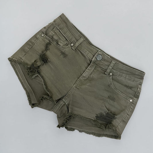 RSQ Jeans Olive Green Cabo Cut-Off Distressed Mini Jean Shorts
