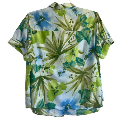 Caribbean Joe Woman Green Tropical Short Sleeve Button Down Blouse