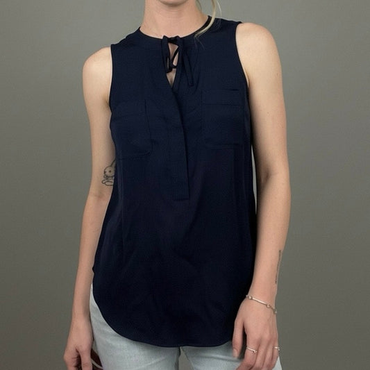 New York & Company Silky Navy Blue Tie Front Blouse