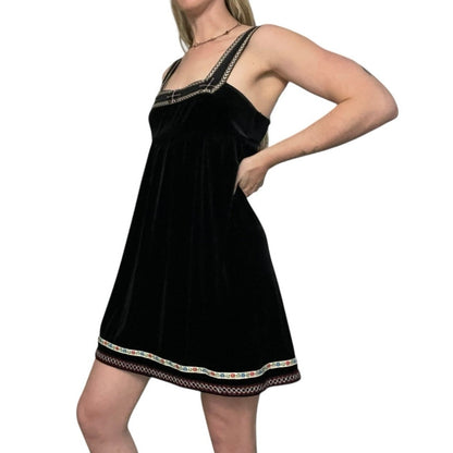 Free People Black Velvet Embroidered Trim Tie Back Mini Dress