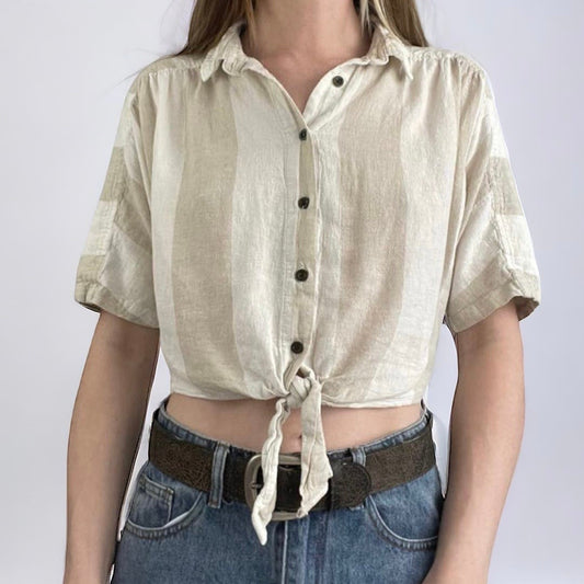 BDG Cream Striped Button Down Cropped Short Sleeve Tie Front Blouse