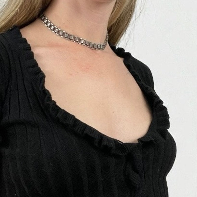 Better Be Black Ribbed Cropped Button Down Ruffled Short Sleeve Top