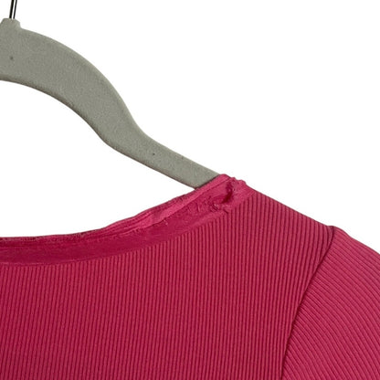 Vintage Pink Rhinestone Ribbed Cropped Ruffled V-Neck Top