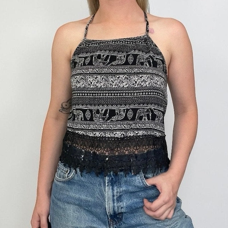 Black & White Boho Elephant Print Lace Trim Tank Top