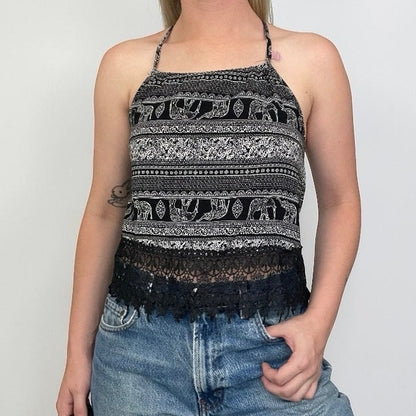Black & White Boho Elephant Print Lace Trim Tank Top