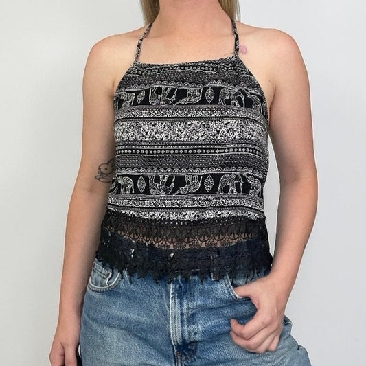 Black & White Boho Elephant Print Lace Trim Tank Top