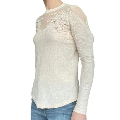 Free People Light Pink Mesh Embroidered Long Sleeve Blouse