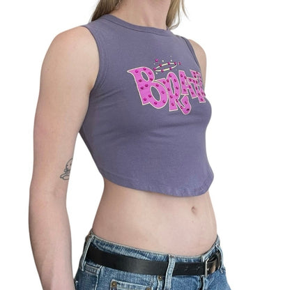 Bratz Purple Graphic Sequin Cropped Cutout Open Tie Back Tank Top