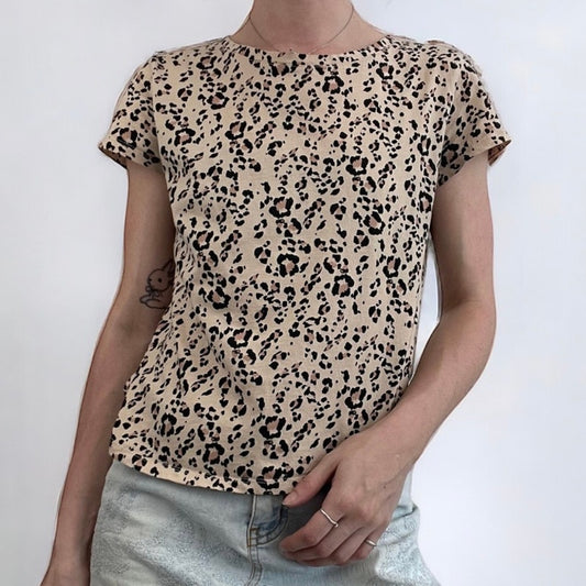 H&M Basics Beige Cheetah Print Short Sleeve Top