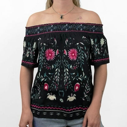 SHEIN Black Floral Off the Shoulder Blouse