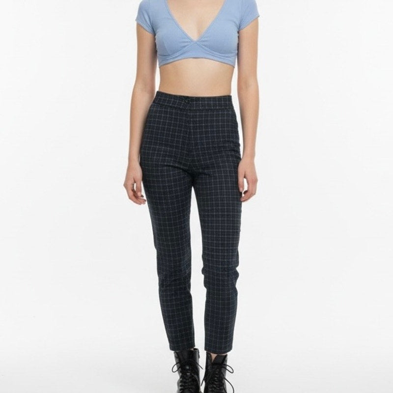 Nasty Gal Navy Blue & White Grid Check High Rise Cuffed Trousers