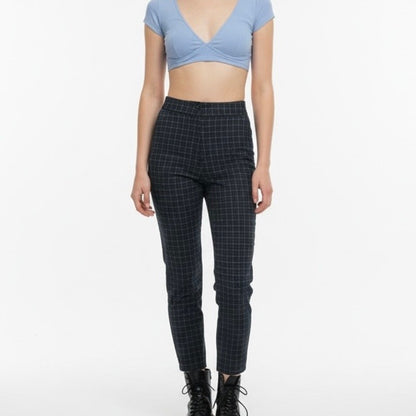 Nasty Gal Navy Blue & White Grid Check High Rise Cuffed Trousers