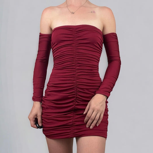 SHEIN Maroon Off the Shoulder Ruched Bodycon Long Sleeve Mini Dress