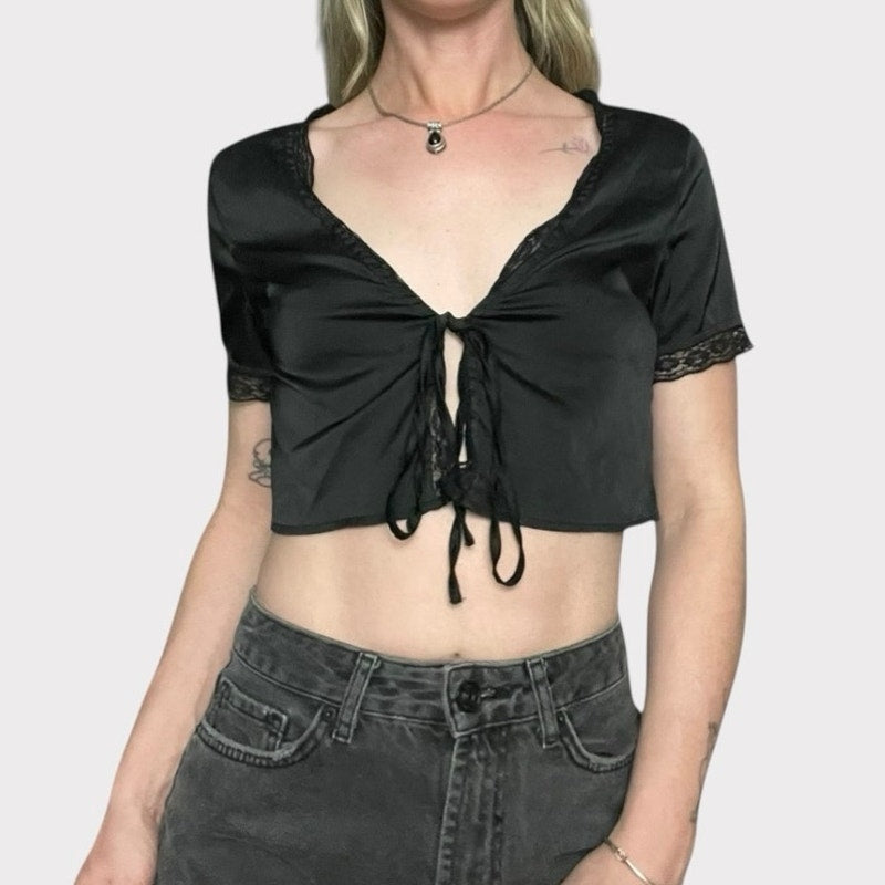 SHEIN Black Silky Lace Trim Tie Front Cropped Short Sleeve Blouse