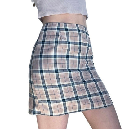 Nasty Gal Light Pink & Blue Plaid Mini Pencil Skirt