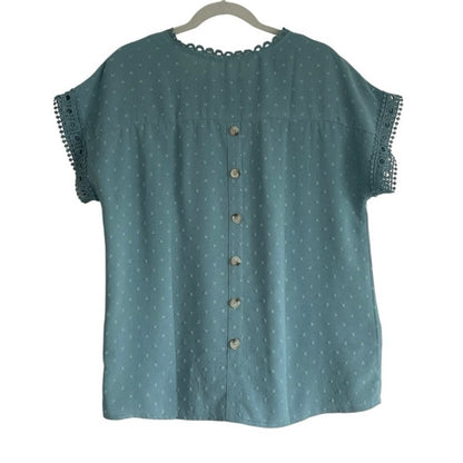 Sheer Teal Swiss Dot Short Sleeve Lace Trim Blouse