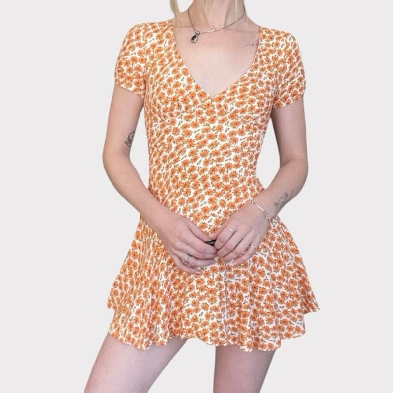 Morning Mist Orange & White Floral A-Line V-Neck Mini Dress