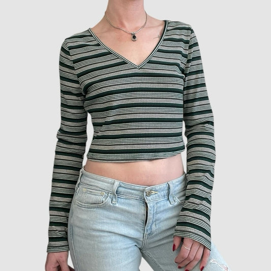 SHEIN Green Striped Cropped V-Neck Ribbed Long Sleeve Top