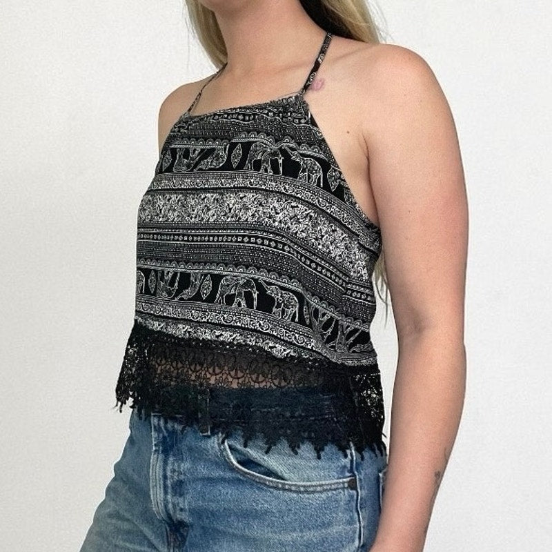 Black & White Boho Elephant Print Lace Trim Tank Top