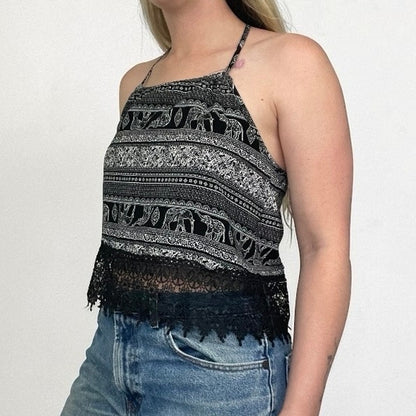 Black & White Boho Elephant Print Lace Trim Tank Top