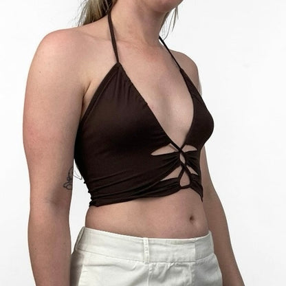 SHEIN Brown Cutout Halter Neck Cropped Top