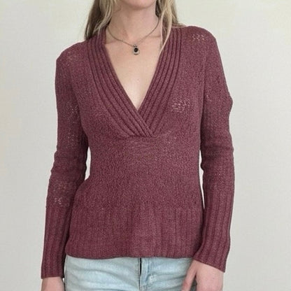 Axcess Maroon Sheer Boho Loose Knit V-Neck Ribbed Sweater