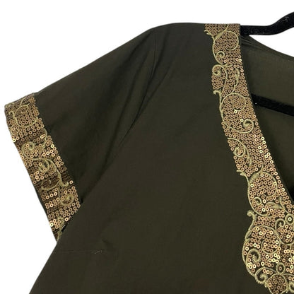 Dana Buchman Green & Gold Sequin Short Sleeve V-Neck Blouse