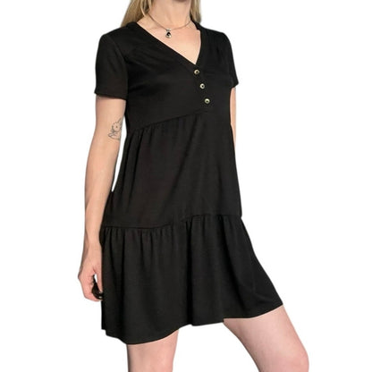 Knox Rose Black A-Line Tiered V-Neck Short Sleeve Mini Dress