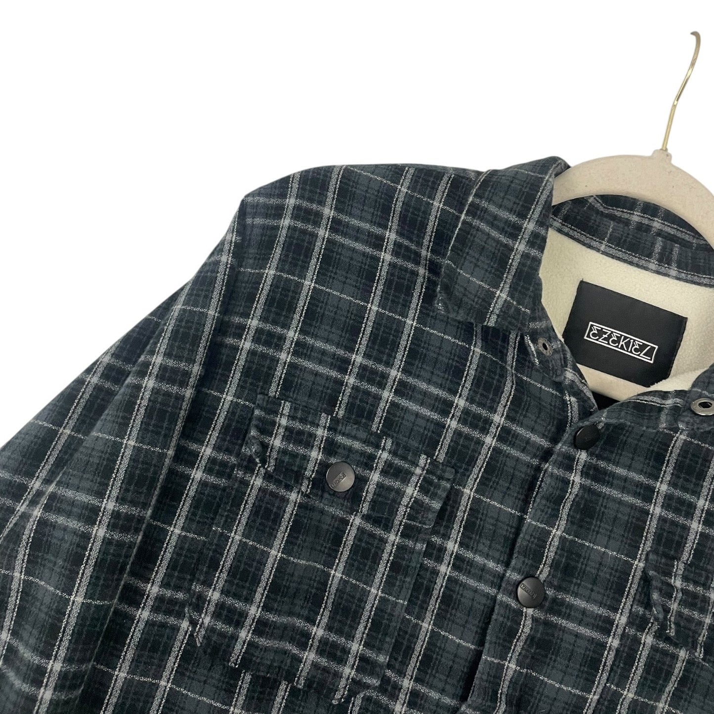 Ezekiel Mens Grey Plaid Flannel Fleece Lined Button Down Jacket